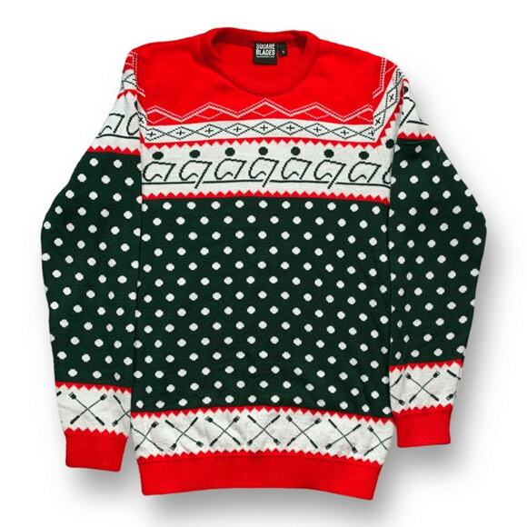 Square Blades Rowing Holiday Sweater Green Red Fair Isle Polka Dot Crewneck - Picture 7 of 7